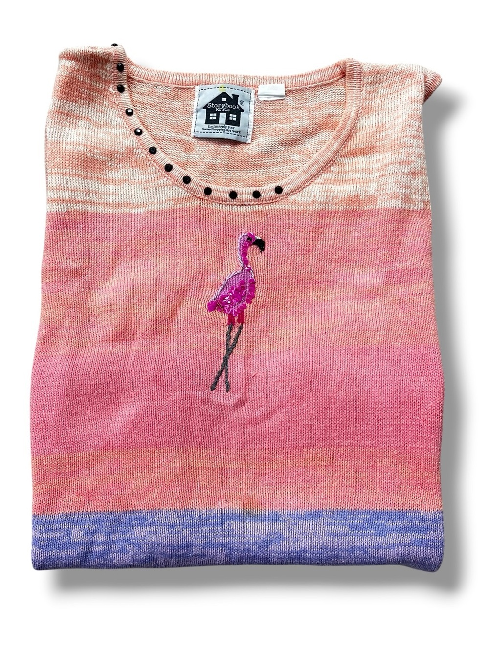 Storybook Knits HSN Knit Tank Top Four Flamingos Sequins Striped Kitsch Size XL